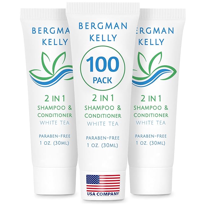 BERGMAN KELLY - Travel Size 2 in 1 Shampoo & Conditioner - 1 fl oz, 100 PK, White Tea - Delight Your Guests w/Revitalizing & Refreshing Shampoo Amenities, Quality Small Size Hotel Toiletries in Bulk