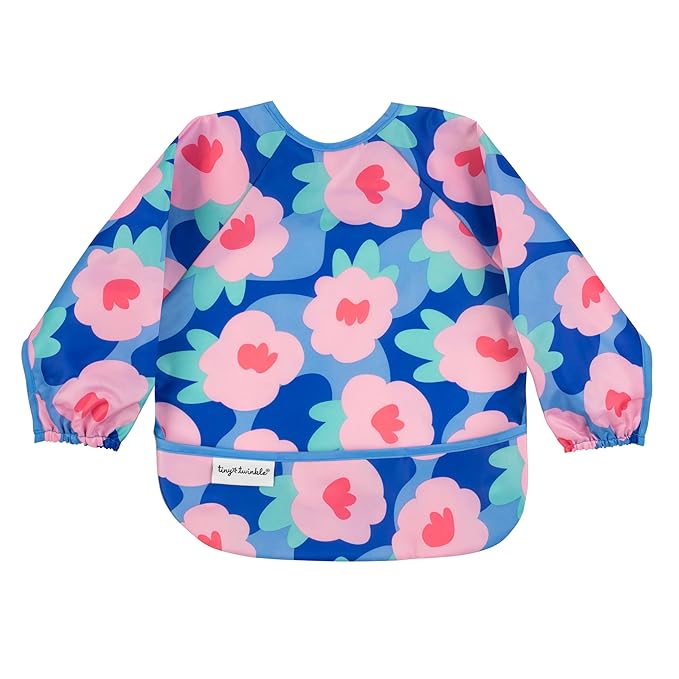 Tiny Twinkle Long Sleeve Bib for Babies & Toddlers – Waterproof Smock Bib for Eating – Machine Washable & Mess-Proof, Baby Feeding Essential & Shower Must-Have(Floral Blue, 6–24M)