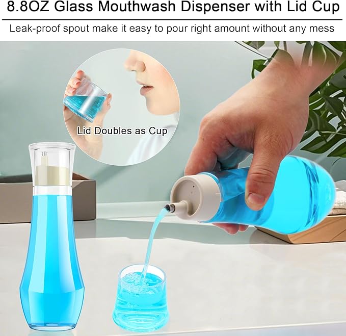 Tiyafuro Glass Mouthwash Dispenser for Bathroom, 8.8OZ Mouth Wash Container Bottle with Lid Cup, Small Clear Refillable Mouthwash Holder Decanter for Countertop, Multifunctional Glass Bottle