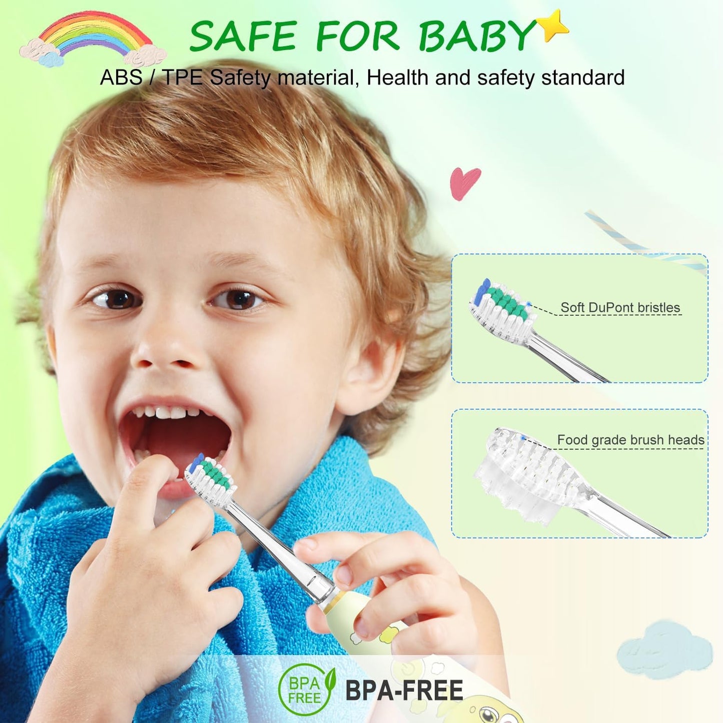 Teeteck 5 Pack Kids Toothbrush Replacement Heads Compatible with SEAGO SG513/SG977/SGEK6, DadaTech DT-K6/DT-BB1/DT-977, Brush-Baby WildOnes (Ages 3years+/Green)