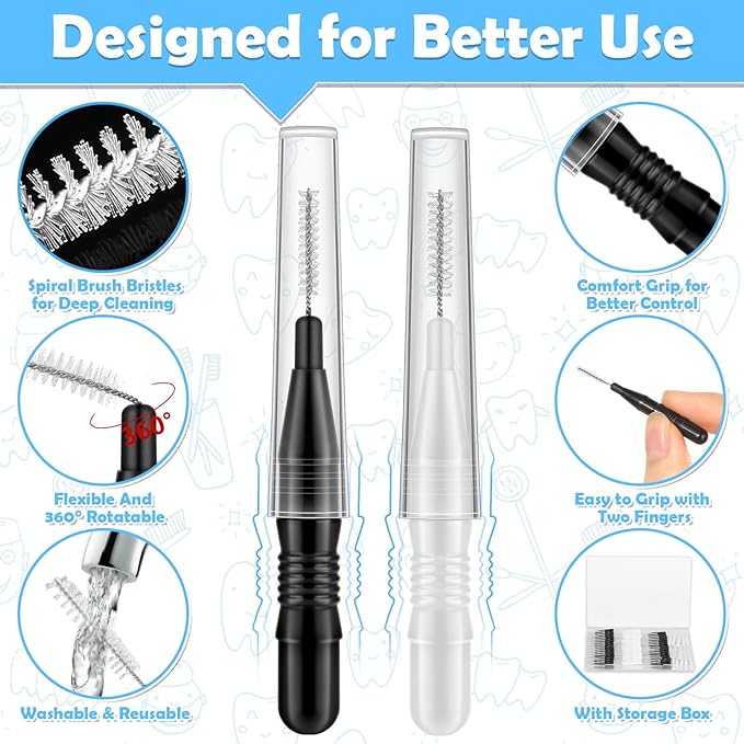 120Pcs Interdental Brushes, 360° Bendable Soft Bristles Braces Flossers Dental Brushes Between Teeth Gum Interdental Brushes for Gum Braces Oral Teeth Cleaning Tool (Black, White)