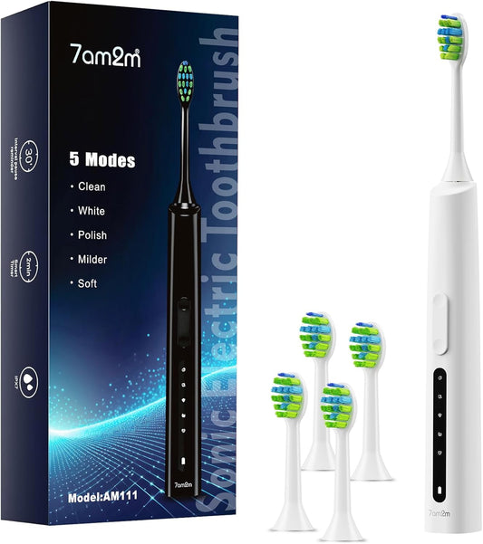 7AM2M Sonic Electric Toothbrush for Adults and Kids, 40000VPM Power Toothbrushes, USB-C Rechargeable with 4 Brush Heads, 5 Modes, 2 Minutes Built in Smart Timer, One Charge for 60 Days (White)