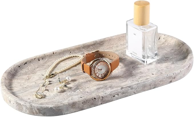 Koville Natural Travertine Tray for Bathroom Countertop, 12"x6" Vanity Decorative Marble Tray for Perfume, Candles, Jewelry, Stone Catchall Trays Jewelry Dish, Silver Stone Trays for Kitchen Counter