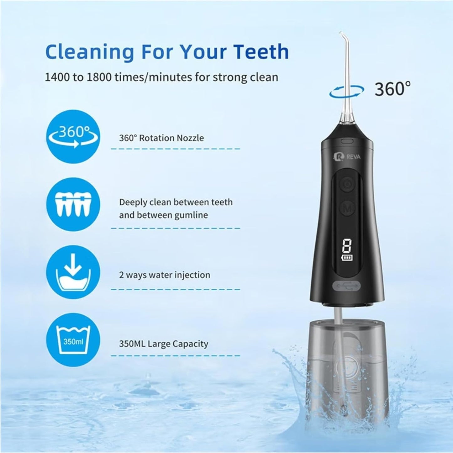 Reva Professional Water Dental Flosser for Teeth & Braces - 9 Modes Cordless Oral Irrigator, 350ML Large Reservoir, 360° Nozzle, IPX7 Waterproof, Rechargeable, Dental Floss Tool (M131 - Black)