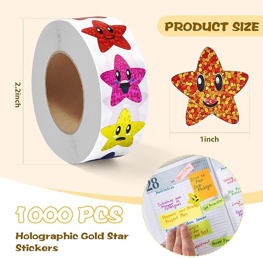 1000PCS Smiley Star Stickers for Kids Reward, 1 inch Holographic Star Stickers for DIY, Crafts, Behavior Chart, Student Planner, School and Classroom Teacher Supplies, 8 Colors