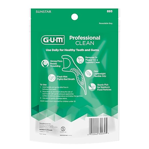 GUM Professional Clean Floss Picks - Extra Strong Shred-Resistant Floss, Easy Grip Handle - Dental Flossers for Adults - Fresh Mint Flavor, 90 Count (Pack of 6)