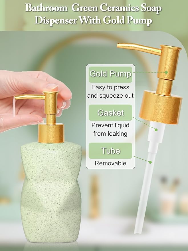 Bathroom Accessories Set,4 Pcs Bathroom Accessory Set,Includes Lotion Soap Dispenser,Toothbrush Holder,Tumbler,Soap Dish,Ceramic Bathroom Sets Complete,Bathroom Sink Set for Modern Home Decor(Green)