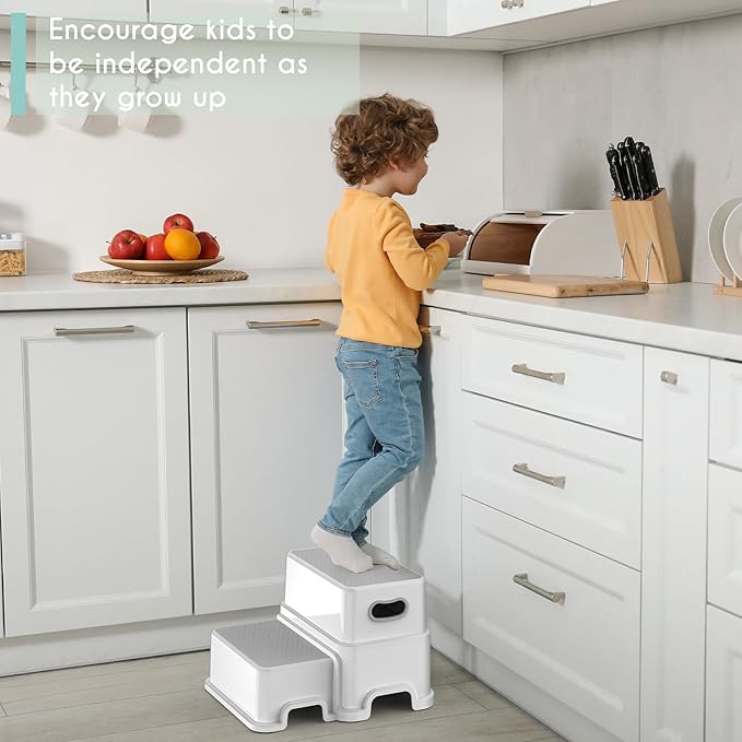 Victostar Toddler Step Stool,2 Kids Step Stool for Bathroom Sink,Baby Potty Stool with Anti-Slip Surface and Rubber Bottom,Plastic Stool with Handle for Toilet Potty Training Bathroom Kitchen