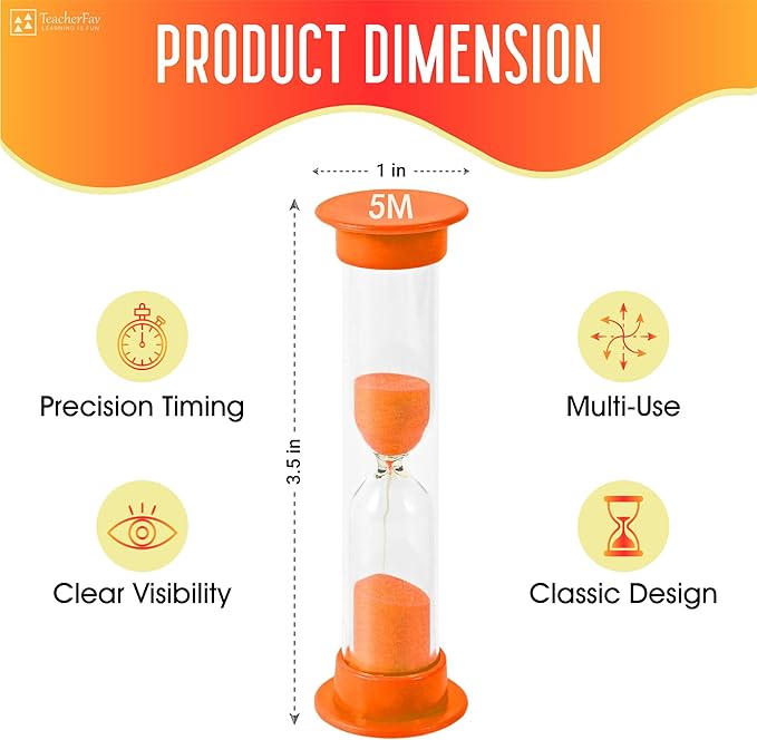 Sand Timer for Kids - 5 Minute Set of 4 Hour Glass - Orange Color- Acrylic Covered for Classroom, Home & Kids Room