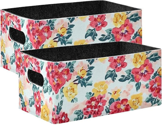 Kcldeci Rose Floral Flower Green Leaf Storage Bins Baskets for Organizing 2Pack, Sturdy Storage Basket Foldable Storage Baskets for Shelves Closet Nursery Toy