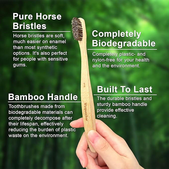 Bamboo Toothbrushes,Travel Toothbrush&Horse Bristle(4-Pack),Natural Soft Bristles for Adults,100% Biodegradable,Plastic & Nylon Free