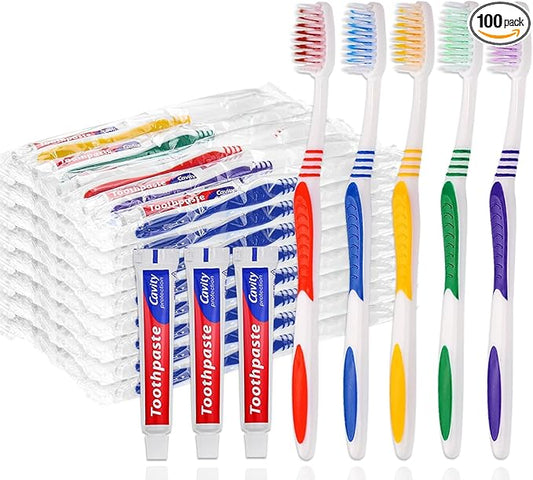 100 Pack Disposable Toothbrushes with Toothpaste Individually Wrapped, 10g Travel Toothpaste Single Use Manual Toothbrush Kit for Adults Guests Travel Hotel Nursing (100 pcs,5 Colors)