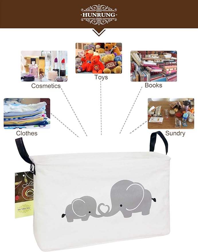 HUNRUNG Rectangle Storage Basket Cute Canvas Organizer Bin for Pet/Children Toys, Books, Clothes Perfect for Rooms/Playroom(Elephant)