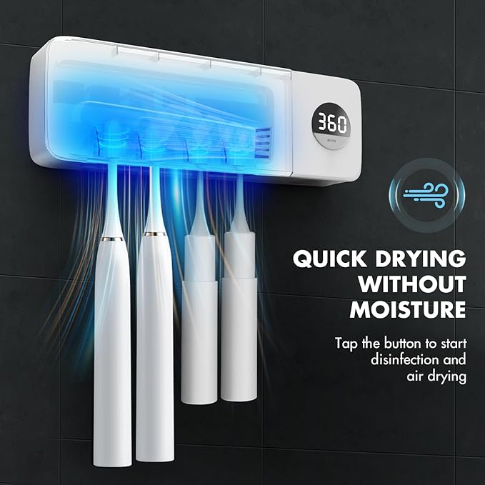 Sanitizeri Toothbrush Holder, Sanitizeri Toothbrush Cleaner, 2000mAh Rechargeable Cordless Wall Mounted Holders for Bathroom, 4 Slots & Timer Function, White