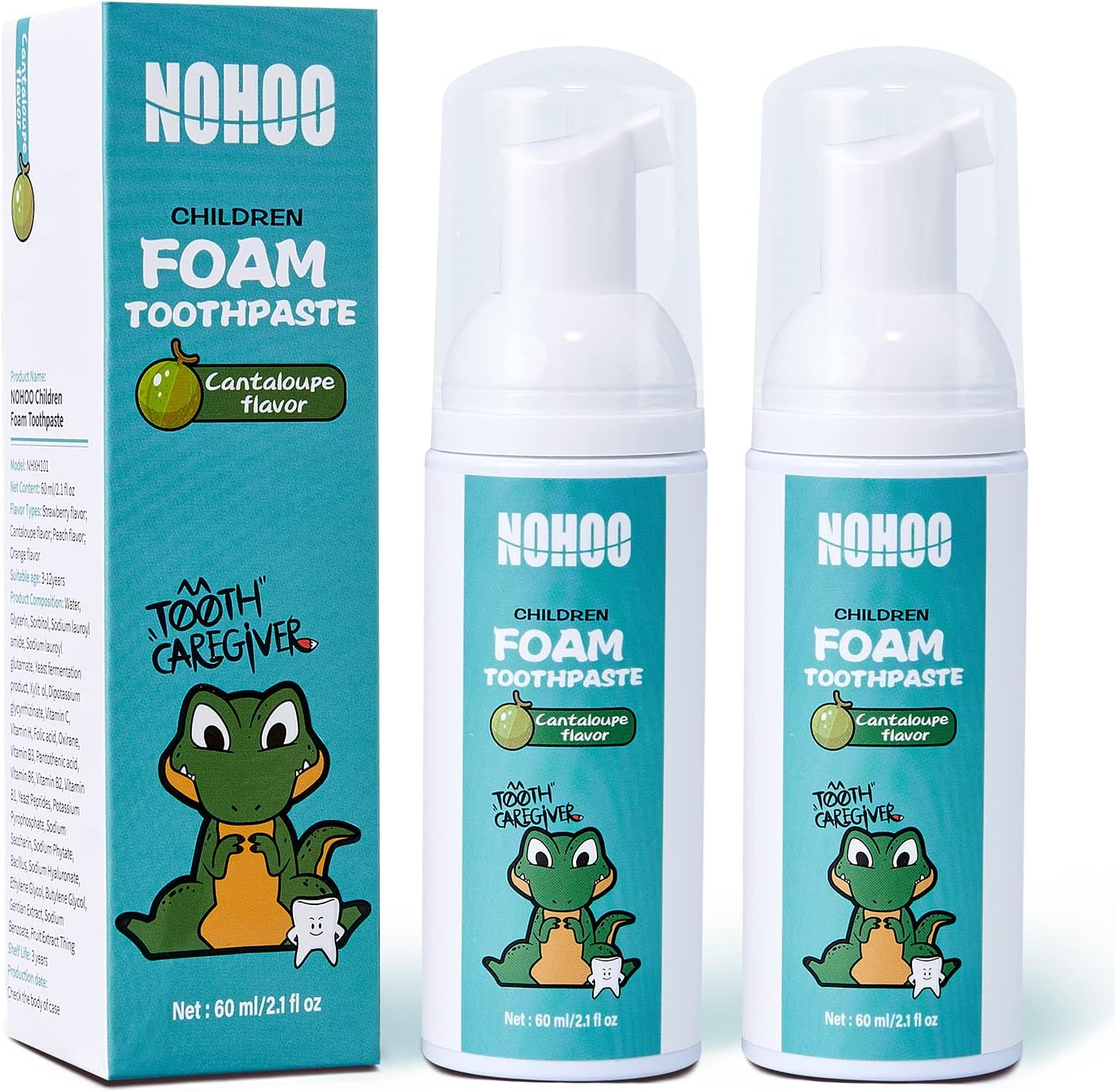 NOHOO Fluoride Free Foam Toothpaste Kids Cantaloupe,Natural Training Toothpaste for Baby Toddler Children Oral Cleaning and Cavity Protection(2 Pack