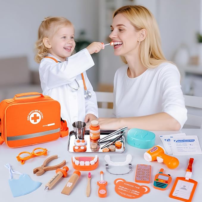 Doctor Kit for Kids, 33 Pcs Wooden Dentist Play Set for Toddler 3-5 with Real Stethoscope & Dental Tools, Pretend Playset Medical Toys Storage Bag Educational Role Play Doctor Toys Gift for Boys Girls