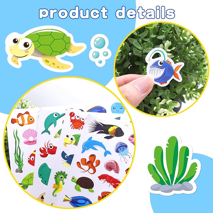 Cute Ocean Sea Animal Adhesive Stickers Tropical Fish Shark Stickers 890 Count for Boys Girls Birthday Invitations Envelopes Mermaid Under The sea Party Goodie Gifts Bags Decor Class Rewards