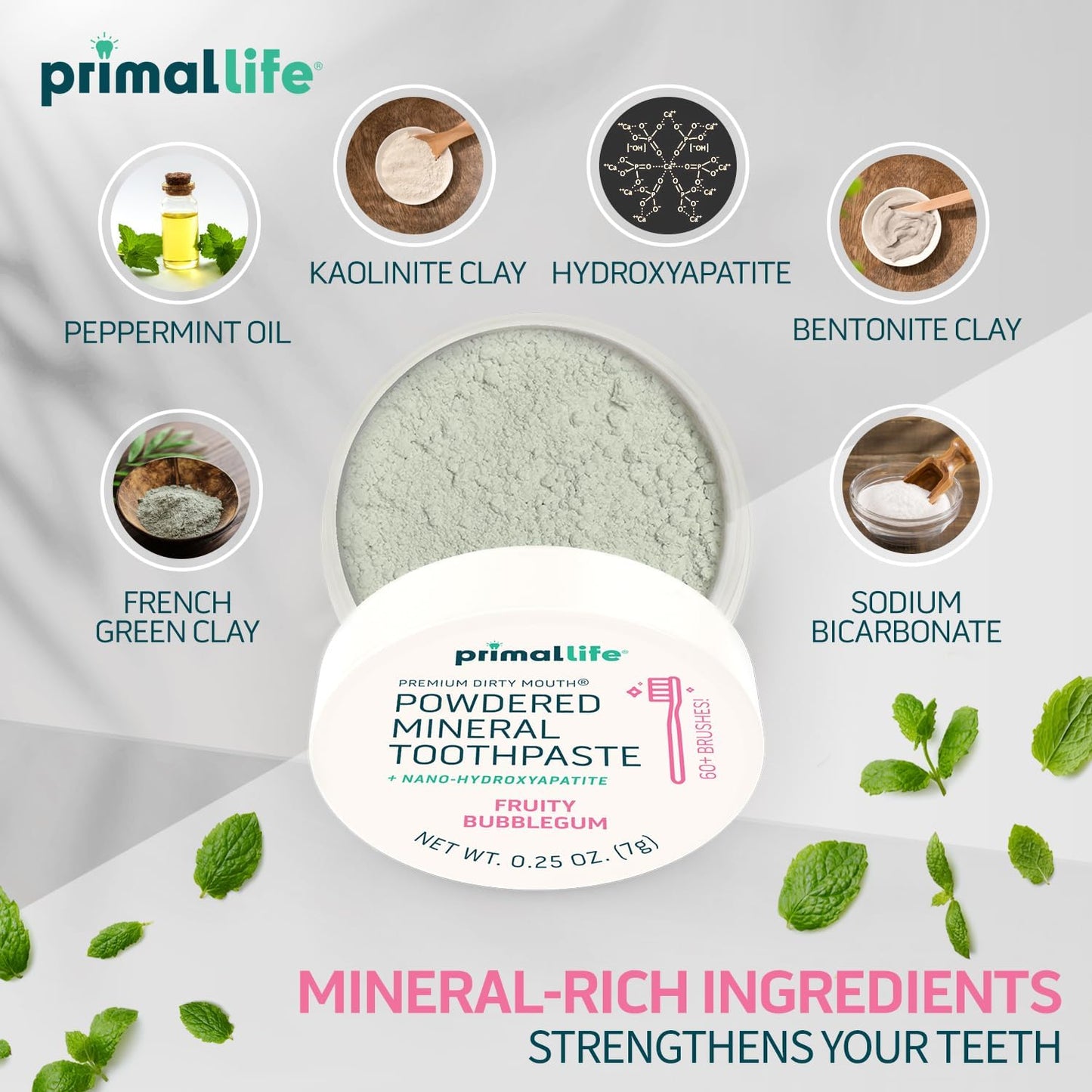 Primal Life Organics - Dirty Mouth Toothpowder, Tooth Cleaning Powder, Flavored Essential Oils with Natural Kaolin & Bentonite Clay, Good for 60+ Brushings, Organic, Vegan (Sweet Bubblegum, 0.25 oz)