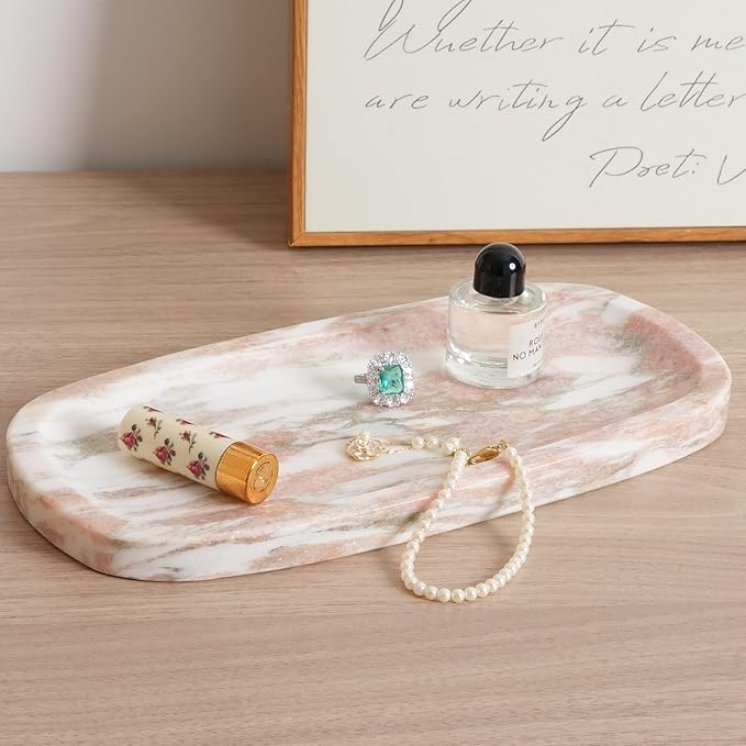 Koville Natural Marble Tray for Bathroom Countertop, Vanity Tray for Decor, Marble Bathroom Trays Stone Storage Trays for Perfume, Jewelry, Candles, Decorative Tray for Dresser Organizer(Norway Red)