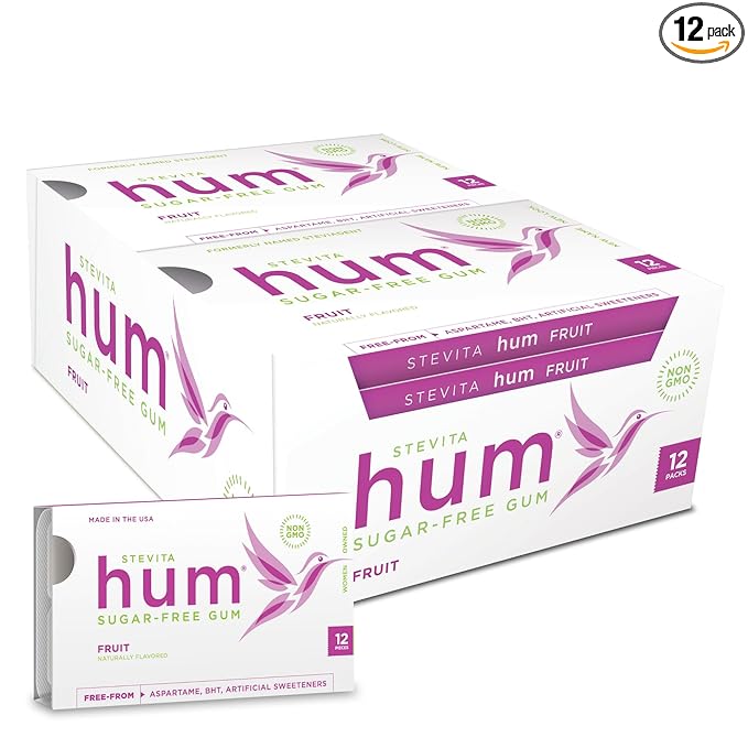 Stevita Hum, Fruit - Sugar-Free Gum - 12 Pieces, Pack of 12 - Supports Oral Health - Non-GMO, Vegetarian, Keto, Gluten Free - 72 Total Servings