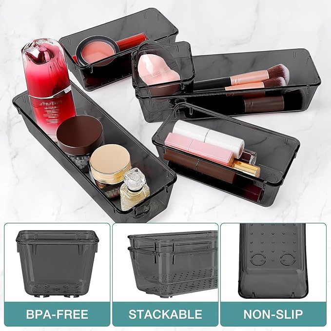 25 PCS Drawer Organizer Set, 4 Varied Size Bathroom and kitchen Drawer cabinet organizer Trays, Clear Storage Bins for Makeup, Jewelry, Utensils and Gadgets，Black