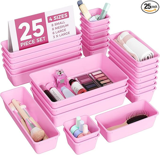 25 PCS Plastic Drawer Organizers Set, 4-Sizes Vanity and Makeup Organizer, Desk and bathroom Drawer Organizer Trays, Organizers and Storage for Makeup, Jewelry, Gadgets, Utensils(Light Purple)