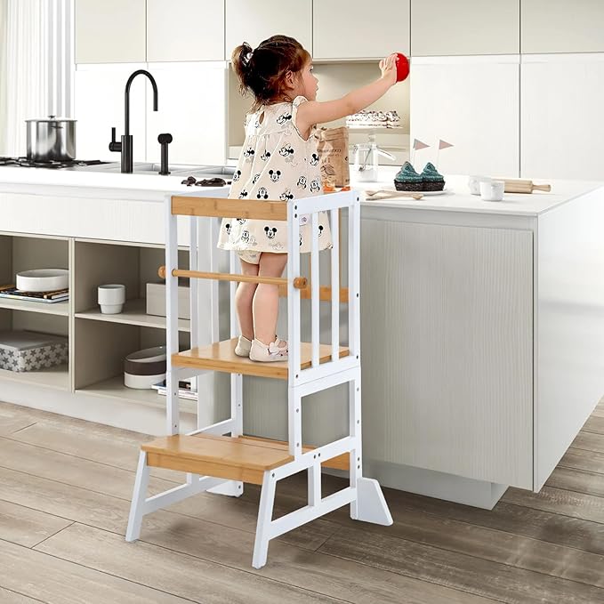COSYLAND Toddler Standing Tower - Adjustable Height Toddler Kitchen Stool Helper - Kids Kitchen Step Stool for Learning with Removable Safety Railing White & Natural