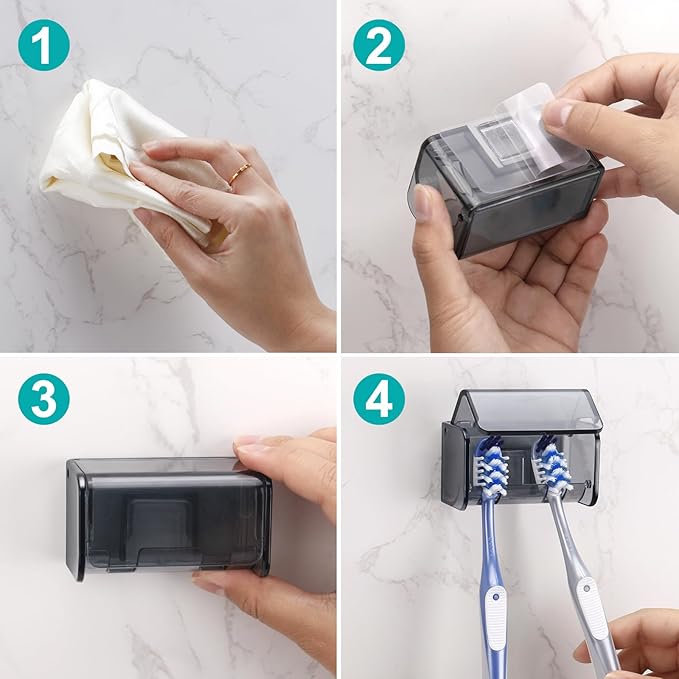 Toothbrush Holders Wall Mounted with Cover, Electric Tooth Brushing Holder for Bathroom, 2 Slots Self Adhesive Toothbrush Organizer, Toothbrush Stand for Family, Kids (1, Transparent Black)