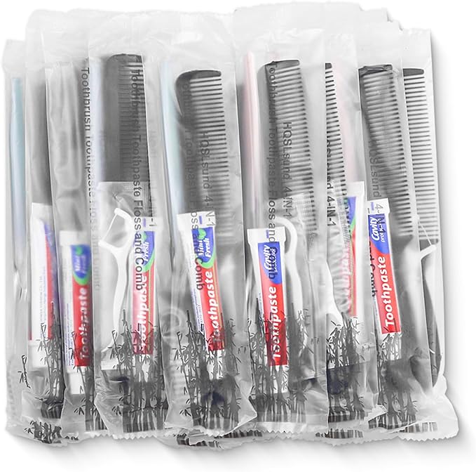 50pcs Disposable Toothbrushes with Toothpaste and Comb Floss Individually Wrapped, 4-in-1 Bulk Toothbrush Kit with 2 Color Toothbrush,10g Toothpaste,7 inch Comb, Floss Pick for Homeless,Hotel