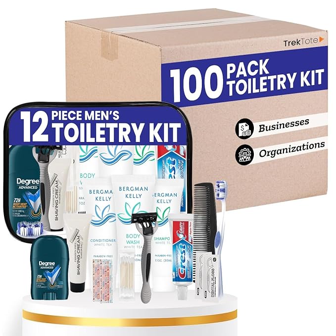 Trektote Bulk Hygiene Kit For Men – (100 Pack) 12 Piece Set Of Travel Size Toiletries, TSA Compliant, Bulk Travel Essentials, Includes Shampoo And Conditioner, Body Wash, Toiletry Bag & More
