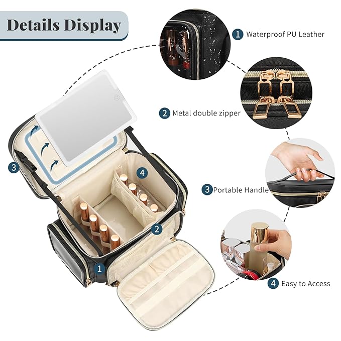 Large Makeup Bag with LED Mirror, Travel Makeup Bag Organizer for Women Girls with Makeup Brush Compartment & Two Side Pockets, 3 Color Lights Cosmetic Toiletry Bag- Leather Black