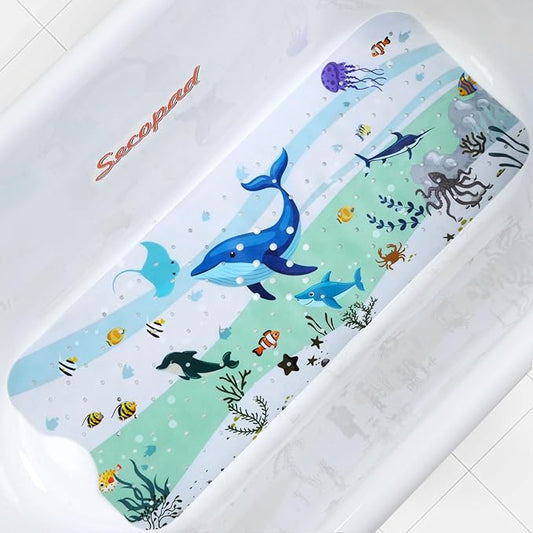 Bath Mat for Tub Non Slip, Machine Washable Anti-Slip Cartoon Baby Bathtub Shower Mat with Drain Holes and Suction Cups for Toddler & Kids (40 Inch x 16 Inch-Rectangular, Blue Dolphine)