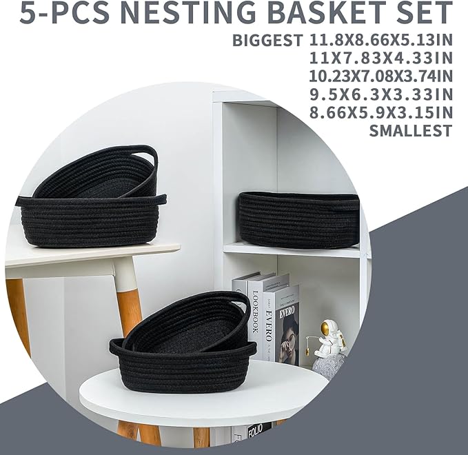 CubesLand Small Cotton Rope Storage Basket Set 5, Shelves Baskets for Organizing with Handle, Decorative Closet Storage Bins for Countertop Toilet Paper Basket for Toilet Tank Top,Black Basket