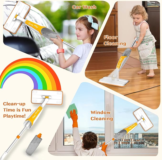 Kids Spray Mop - Toddler Cleaning Set Includes Kids Mop with Real Water Sprayer, Microfiber Pads & Scraper - Pretend Play Montessori Housekeeping Toys Gifts for Toddlers Girls Boys Aged 4+