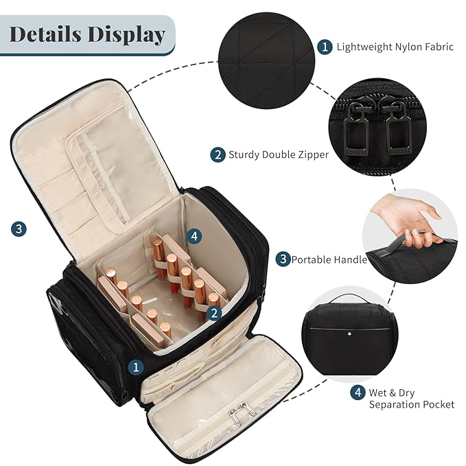 Large Makeup Bag with Jewelry Organizer, Travel Toiletry Bag for Women Girls with Makeup Brush Compartment & Two Side Pockets - XL Black