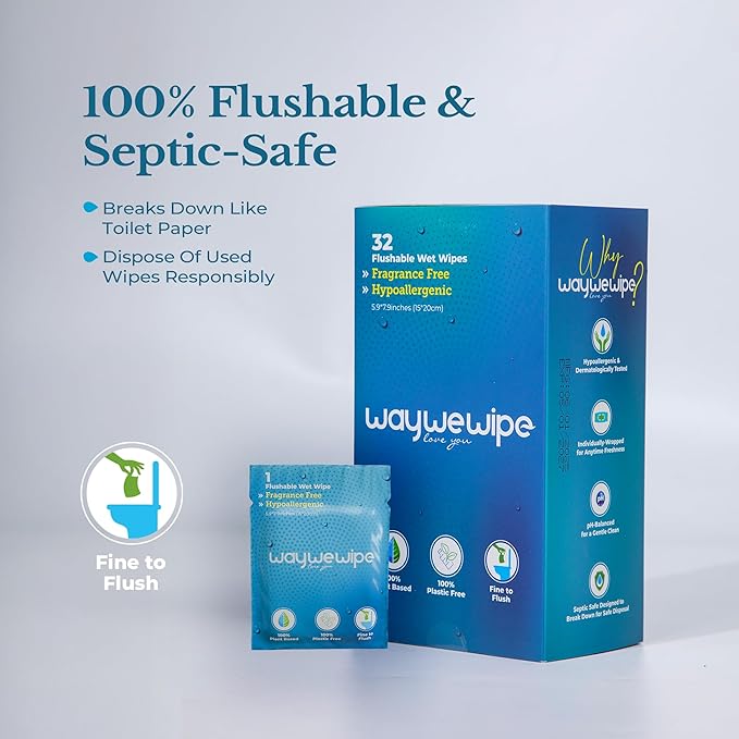 On-The-Go Flushable Wet Wipes, 32 Count XL Individually Wrapped Adult Wipes, Hypoallergenic 100% Plant Based Septic Safe, Travel Size Cleansing Cloth for Men & Women, Fragrance Free (32 Ct)