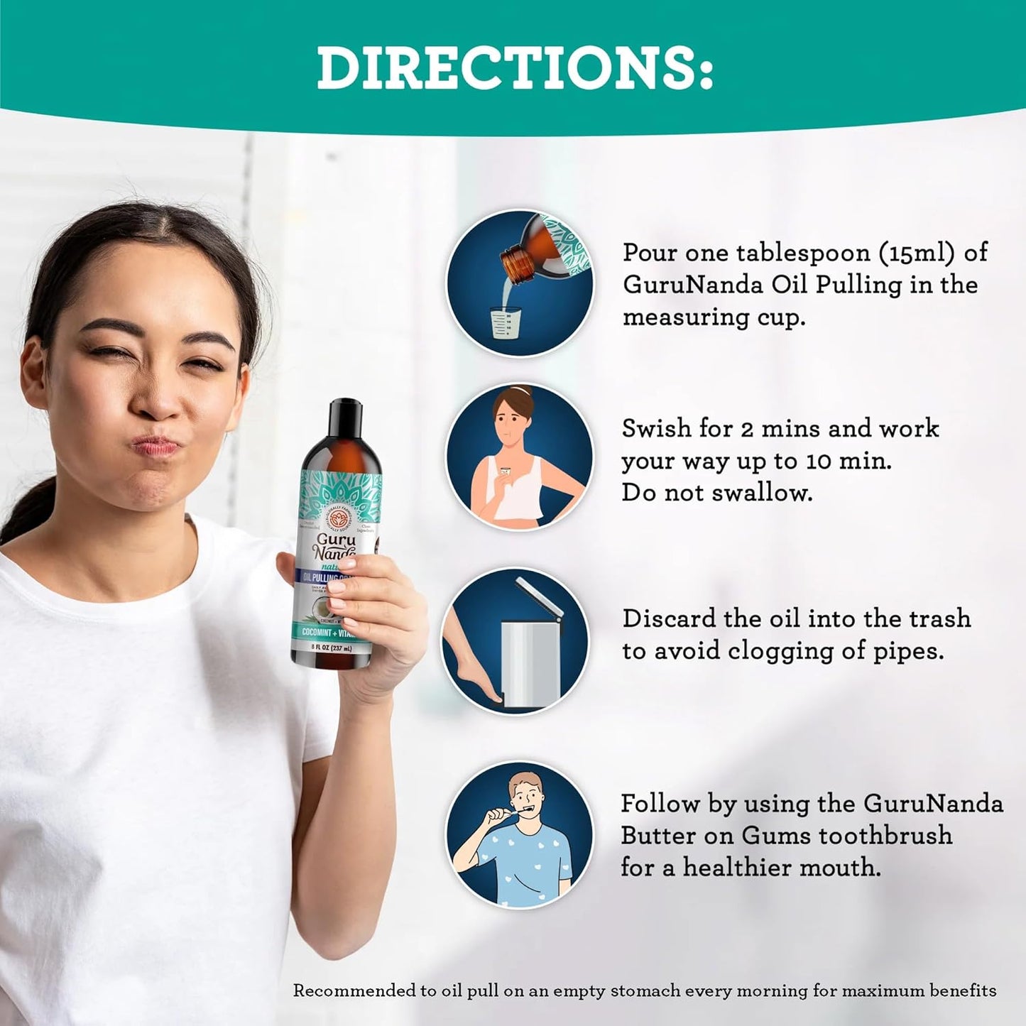 GuruNanda CocoMint Oil Pulling Mouthwash for Complete Oral Hygiene, 7 Essential Oils & Vitamins for Happy Teeth & Gums & Fresh Breath, with 2 Toothbrushes & Tongue Scraper, Alcohol-Free, 6X8 oz