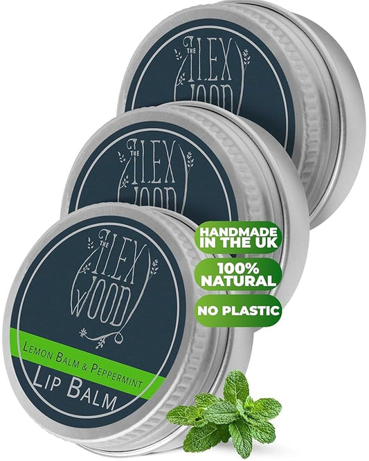 The Ilex Wood - Lip Balm Pack of 3 - Vegan Lemon Balm and Peppermint - All natural, coldsore prevention, cruelty free, plastic free, moisturising, handcrafted - 3 x 10ml (3 x 0.34 fl oz)