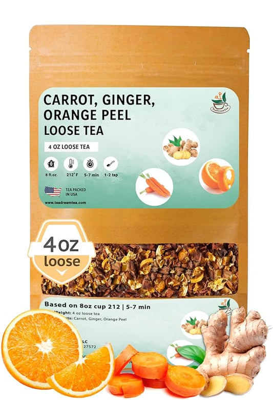TeaDreamTea – Carrot Ginger Orange Peel - Loose Leaf Herbal Bulk Tea - Caffeine-Free - Vitamins Rich - Boost Immune System - Carrot Raw from USA - Hot and Iced Tea - 4 ounce / 113 g