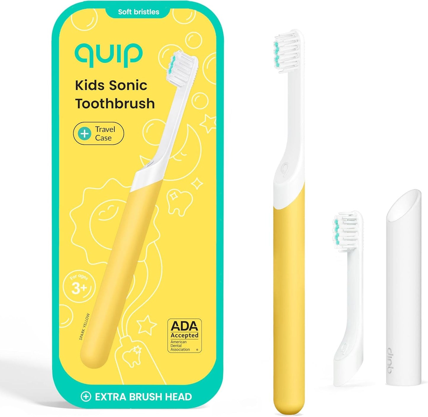 Quip Kids Electric Toothbrush, Battery-Powered Sonic, Yellow, with 2-Min Timer, Extra Head and Travel Cover