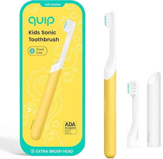 Quip Kids Electric Toothbrush, Battery-Powered Sonic, Yellow, with 2-Min Timer, Extra Head and Travel Cover