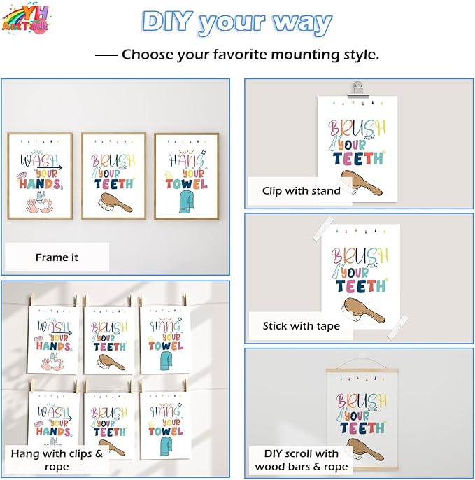 Wash Your Hands Sign Bathroom Decor for Kids - 12x16 Inch Each x3 Canvas Wall Art for Toddler Decor, Frameless Kids Bathroom Wall Art with Quotes, Waterproof and Easy to Clean, for Room Decoration