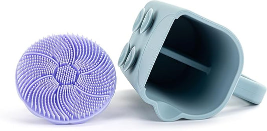 DEMDACO Love to Play Collection Baby Bath Rinse Cup and Silicone Scalp Scrubber Set - Gentle Hair Washing Aid for Infants & Toddlers Soft Silicone Kids' Brush & Ergonomic Rinse Pitcher, Blue