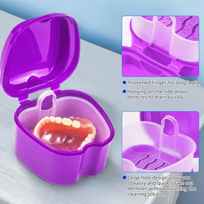 Denture Bath Case Denture Cleaning Cup with Brush Set, 2 Pack False Teeth Container Denture Storage Bath Box Case Retainer Holder Case with Strainer Basket and Lid Waterproof - Purple & Black