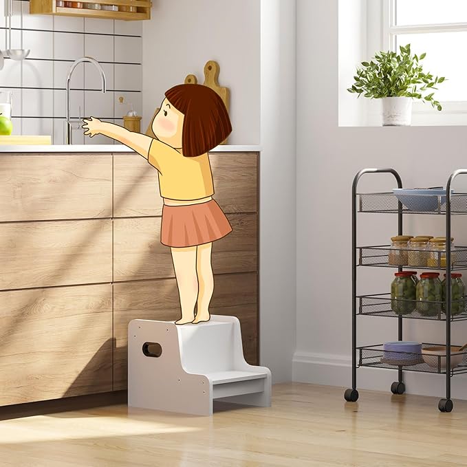 HOOBRO Step Stool for Kids, Two Step Toddler's Stool, Kids Potty Training Stool with Handles, Non-Slip Pads for Safety, Easy to Move, for Sink, Bathroom, Bedroom, White WT01JD01G1