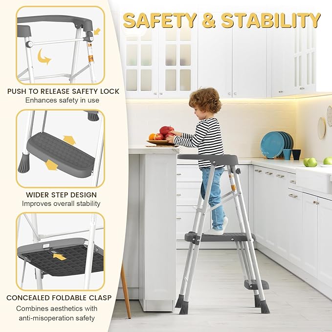 HBTower Kids 2 Steps Step Stool, Toddler Tower for Kitchen Counter Learning, Toddler Kitchen Stool Helper with Anti-Drop Safty Railing Kids Standing Folding Stepper