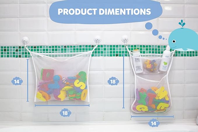 2 x Mesh Bath Toy Organizer + 8 Ultra Strong Hooks – The Perfect Bathtub Toy Holder & Bathroom or Shower Caddy – These Multi-use Net Bags Make Baby Bath Toy Storage Easy – For Kids & Toddlers