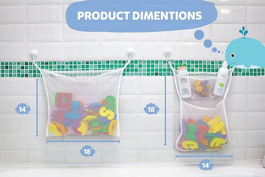 2 x Mesh Bath Toy Organizer + 8 Ultra Strong Hooks – The Perfect Bathtub Toy Holder & Bathroom or Shower Caddy – These Multi-use Net Bags Make Baby Bath Toy Storage Easy – For Kids & Toddlers