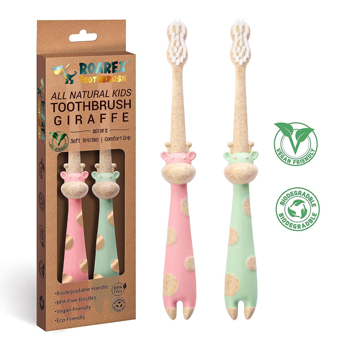 ROARex Vegan Eco Friendly All Natural Kids Toothbrush Made from Plants – Sweet Baby Giraffe | 100% Biodegradable and Compostable | 1% for The Planet Product