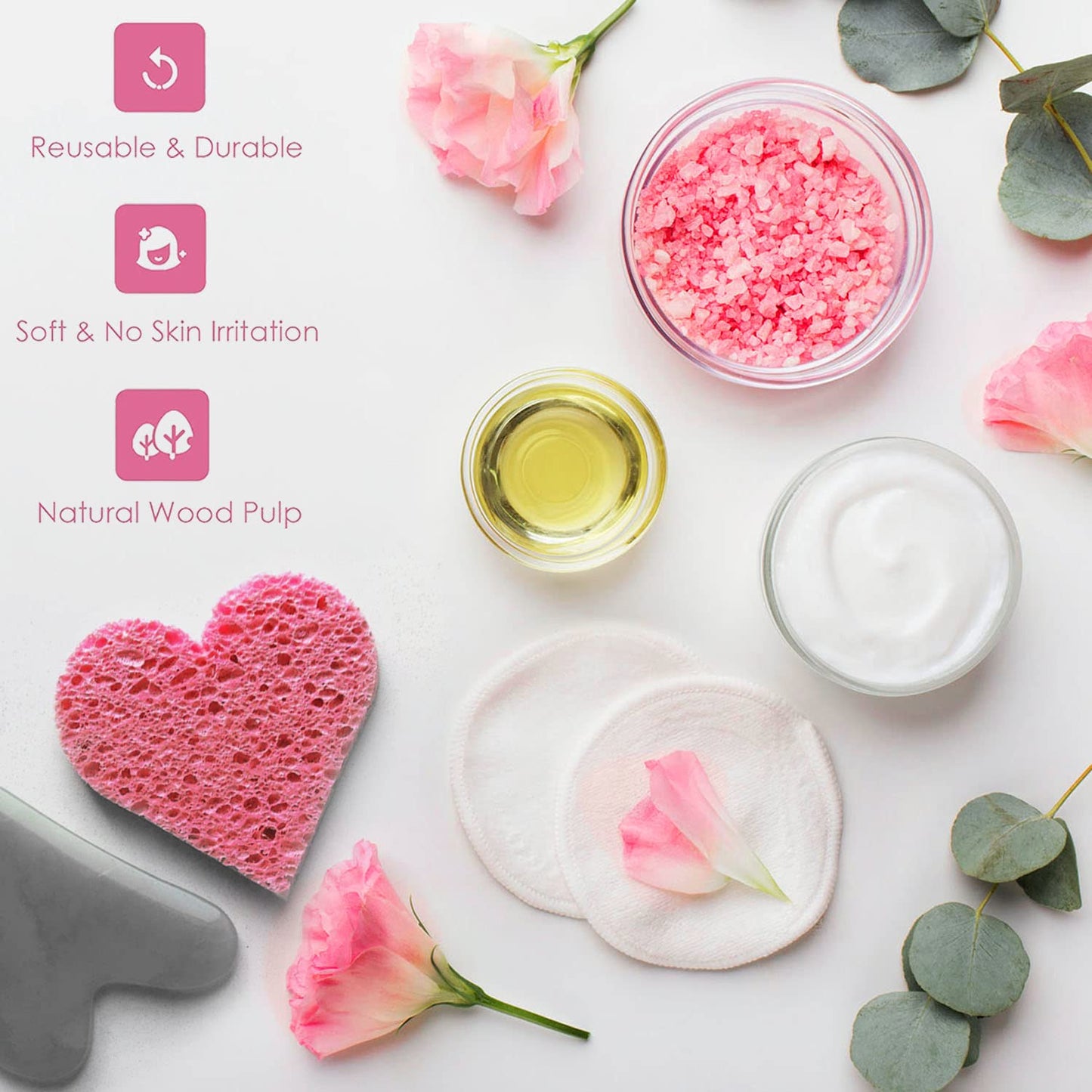 60-Count Compressed Facial Sponges | Makeup Remover Sponge | 100% Natural Cosmetic Spa Sponges for Facial Cleansing | Exfoliating Mask | Face Scrubber (Heart)